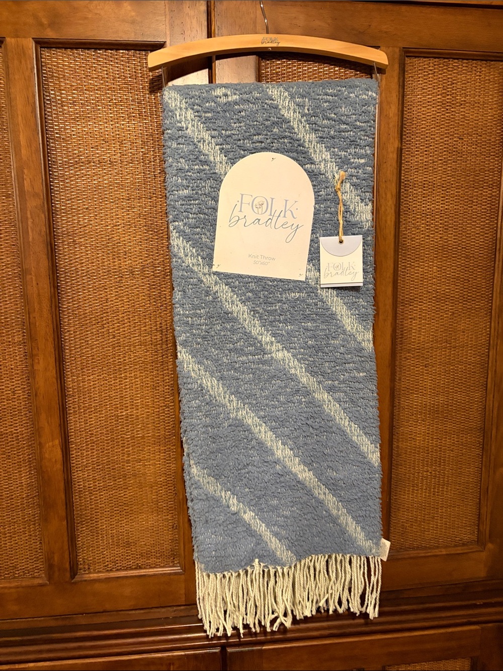 Folk Bradley Blue Stripe Knit Throw with Fringe blanket